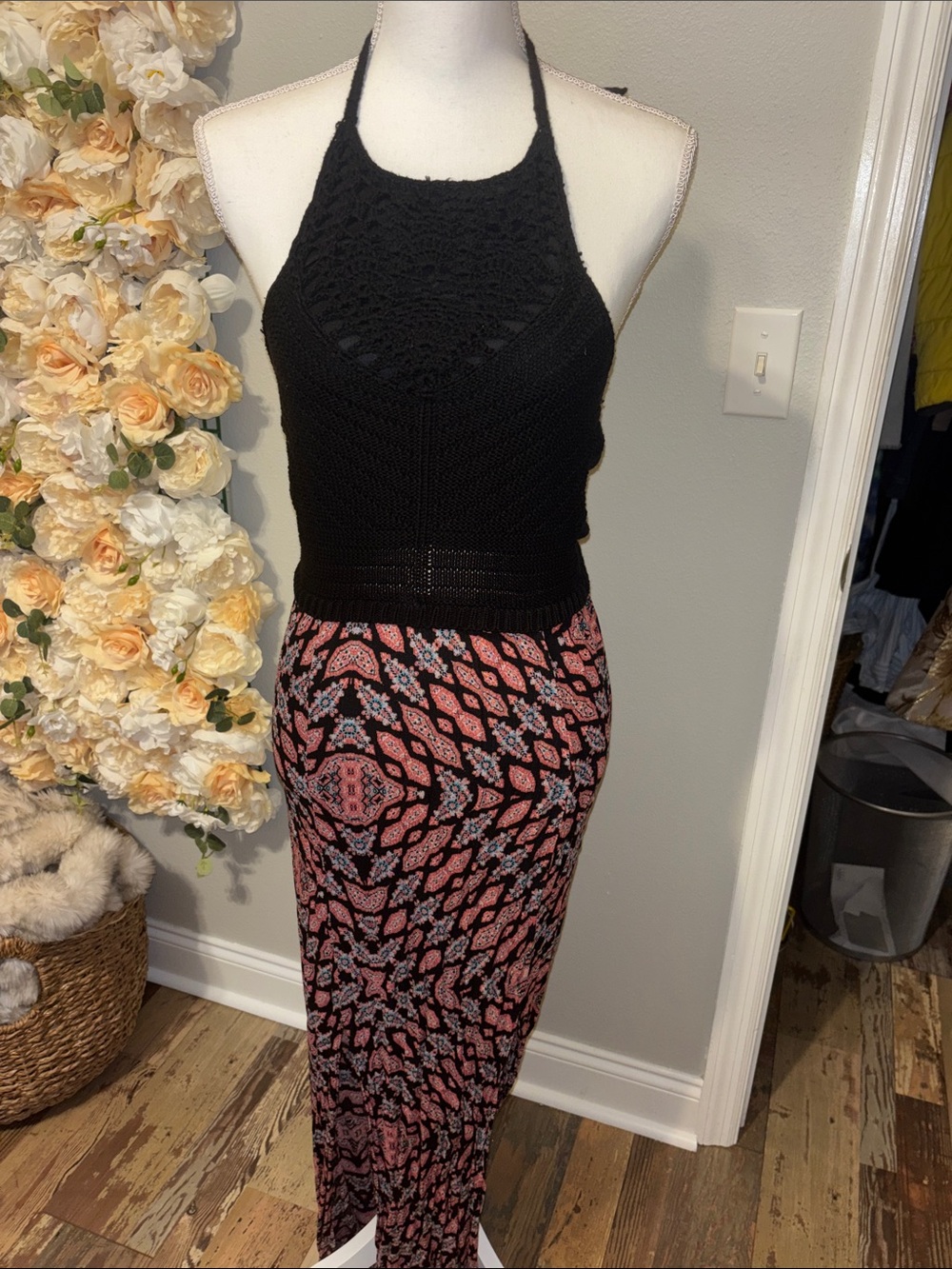 Knox Rose Black Crochet Halter Maxi Dress with Pink Patterned Skirt
